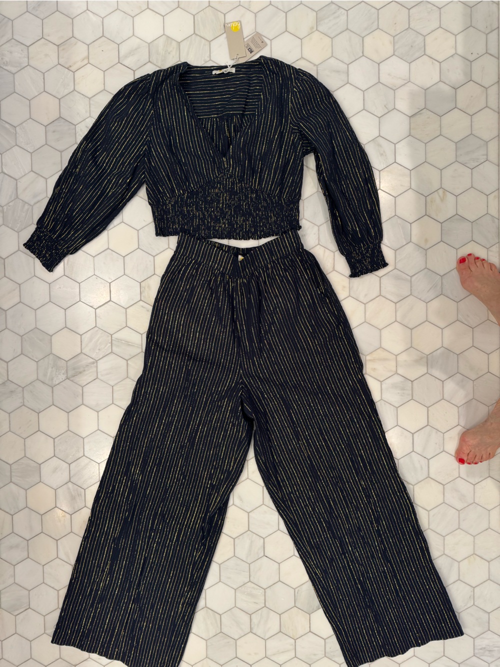 Boden Navy/Gold Summery Pull on Wide Leg Pants and Top Set